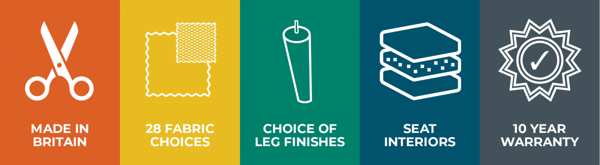 made in britain 28 fabric choices choice of leg finishes seat interiors 10 year warranty